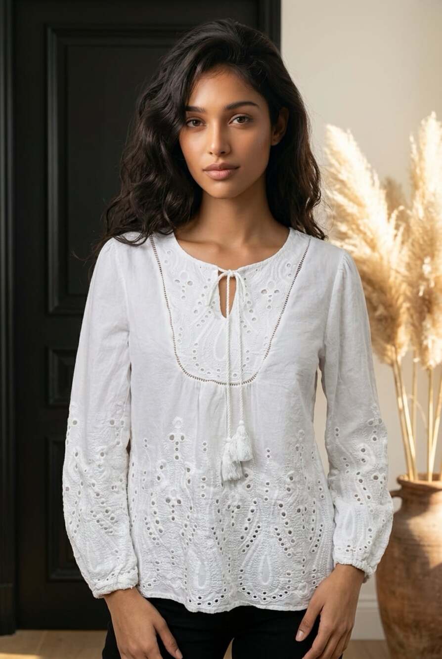 ADIVA White Eyelet Embroidered Tassel Tie Blouse Size L